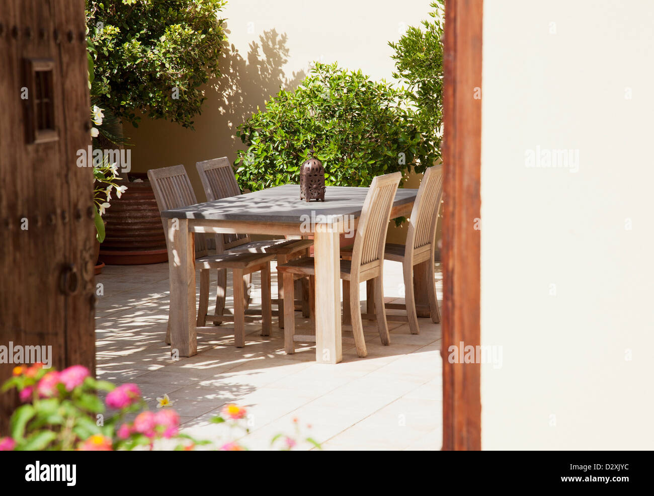 View of dining table through doorway Stock Photo