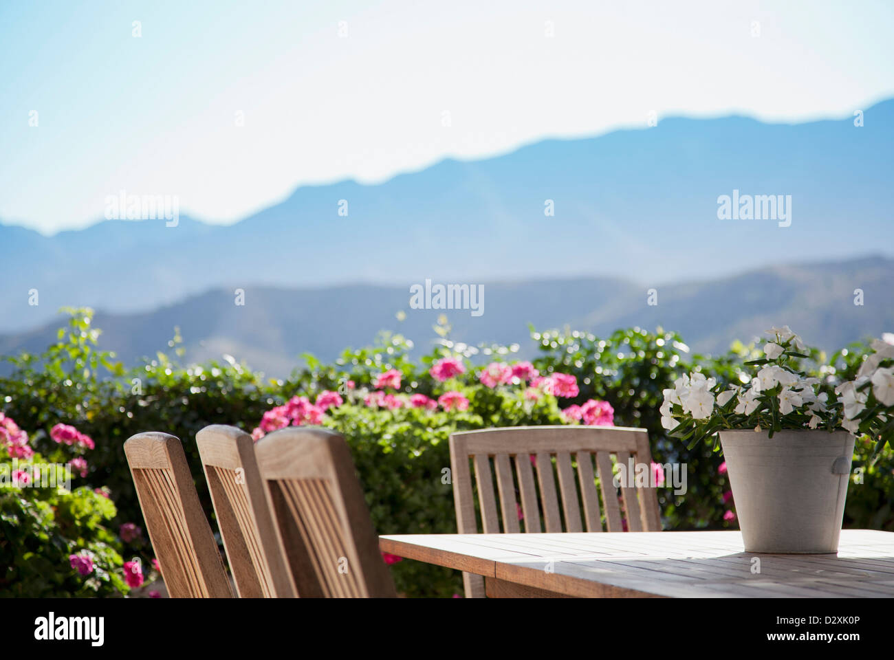 Flowers around patio table overlooking mountains Stock Photo