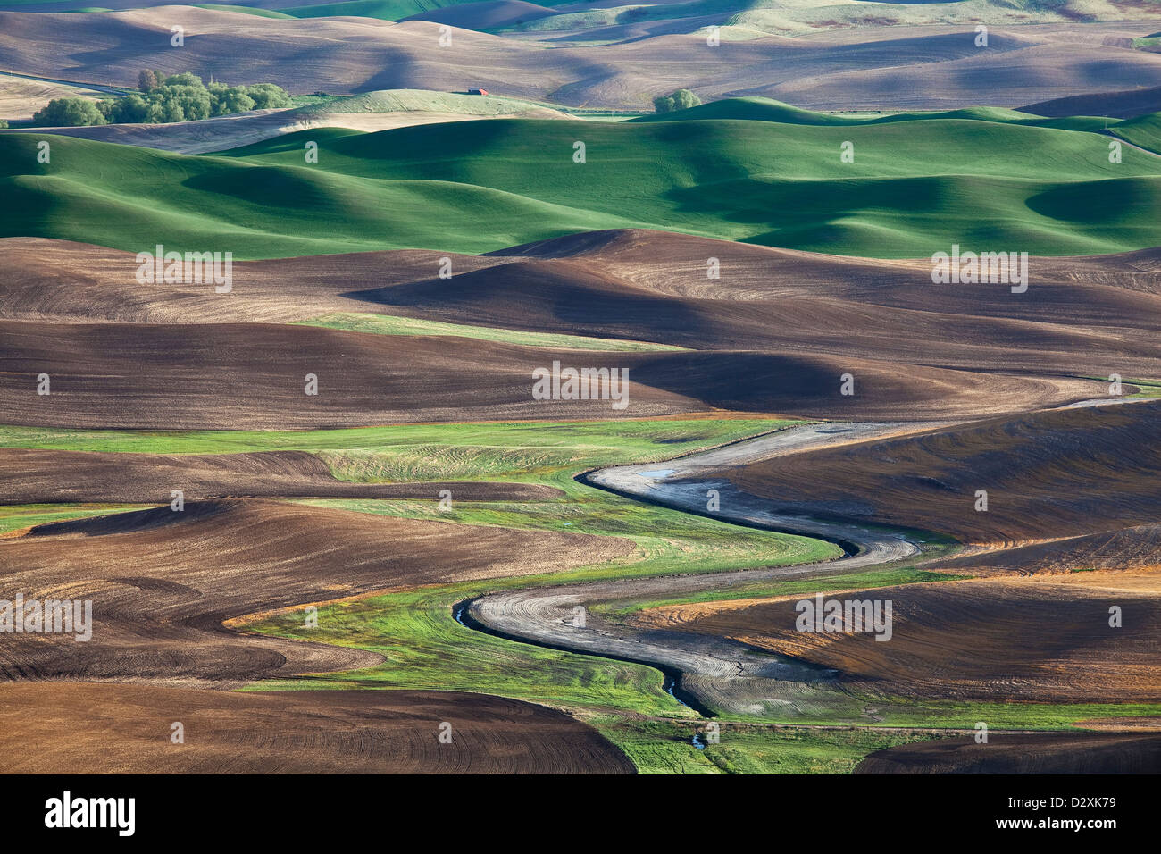 Aerial view of river winding through landscape Stock Photo