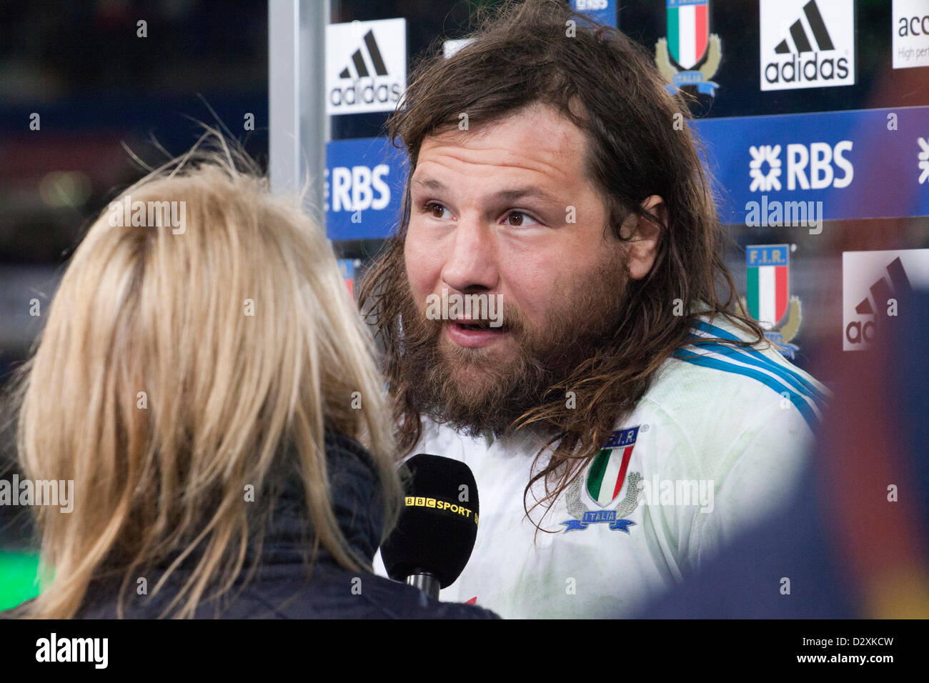 February 3rd 2013. Rome, Italy. Six Nations rugby. Italy vs France. Martin Castrogiovanni interviewed after the match against Fr Stock Photo