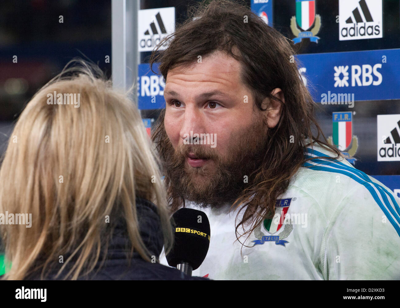 February 3rd 2013. Rome, Italy. Six Nations rugby. Italy vs France. Martin Castrogiovanni interviewed after the match against Fr Stock Photo