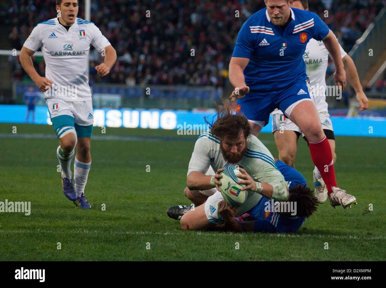 February 3rd 2013. Rome, Italy. Six Nations rugby. Italy vs France. Martin Castrogiovanni scores in the 57th minute. Stock Photo