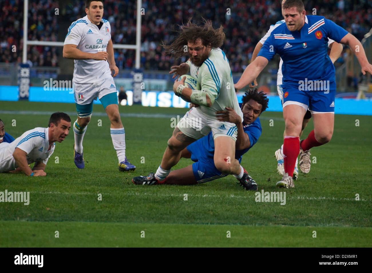 February 3rd 2013. Rome, Italy. Six Nations rugby. Italy vs France. Martin Castrogiovanni scores in the 57th minute after receiving the ball from Luciano Orquera (lying on ground). Stock Photo