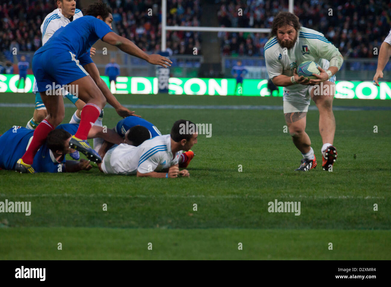 February 3rd 2013. Rome, Italy. Six Nations rugby. Italy vs France. Martin Castrogiovanni scores in the 57th minute after receiving the ball from Luciano Orquera (lying on ground). Stock Photo