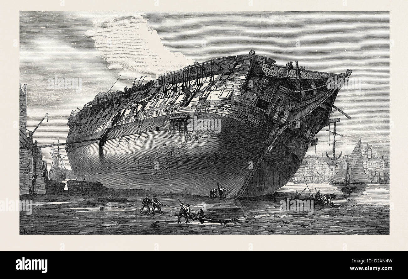 BREAKING-UP H.M.S. QUEEN AT ROTHERHITHE 1871 Stock Photo