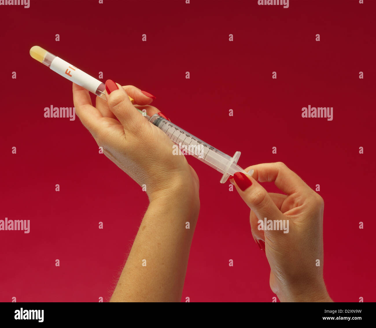 Hands holding hypodermic syringe, red background, studio photograph Stock Photo