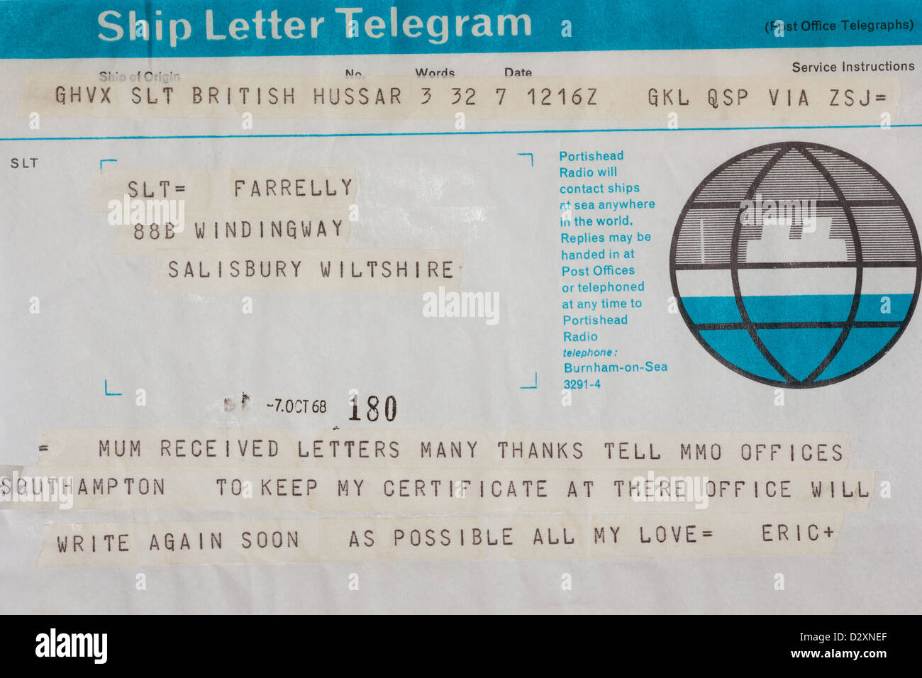 Ship Letter Telegram  1960's. Stock Photo