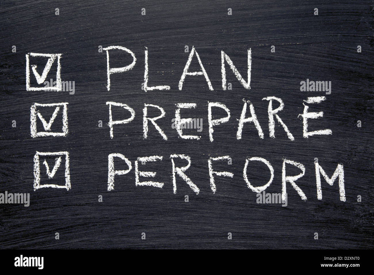 plan, prepare, perform words handwritten on chalkboard with marked check-boxes Stock Photo