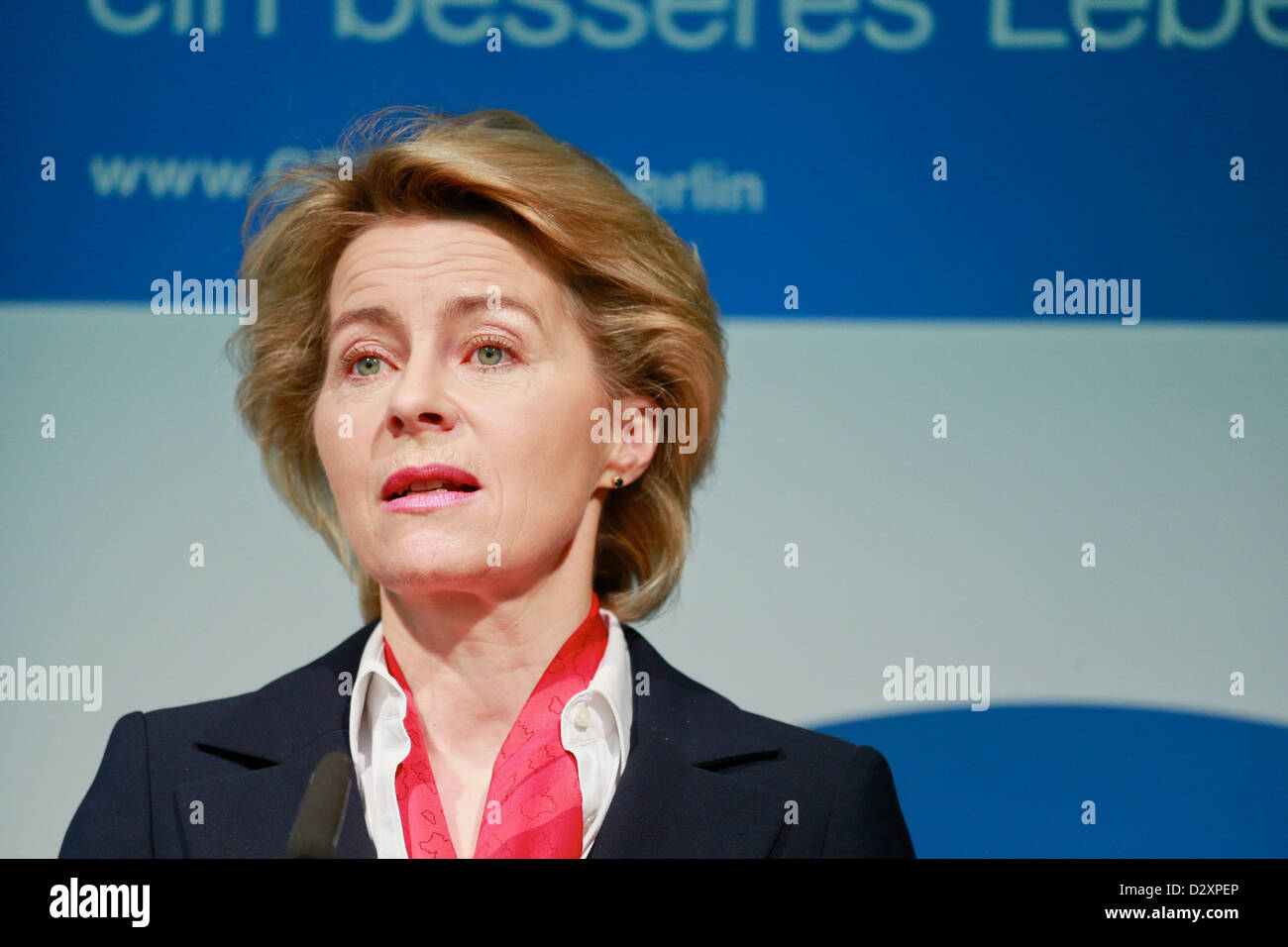Berlin, Monday, 4th February, 2013. The German Federal Minister Ursula von der Leyen and the  General Secretary of the Organisation for Economic Co-operation and Development (OECD), Yves Leterme hold a press conference at the Ministry of Labour and Social Affairs in Berlin regarding the immigration of foreign workers in Germany, Monday, February 4,  2013 Stock Photo