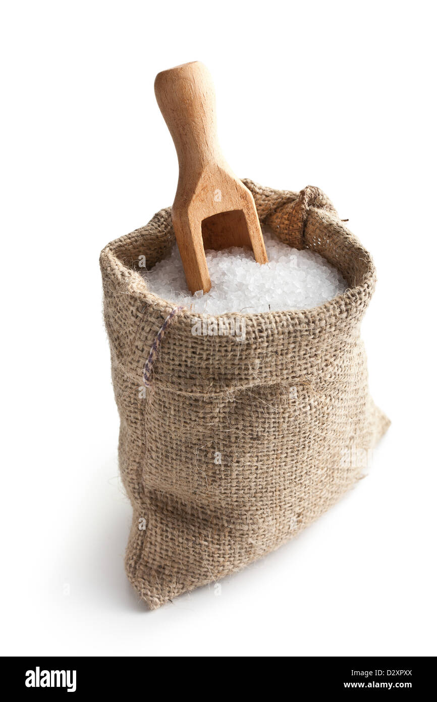 sea salt in jute sack on white background Stock Photo