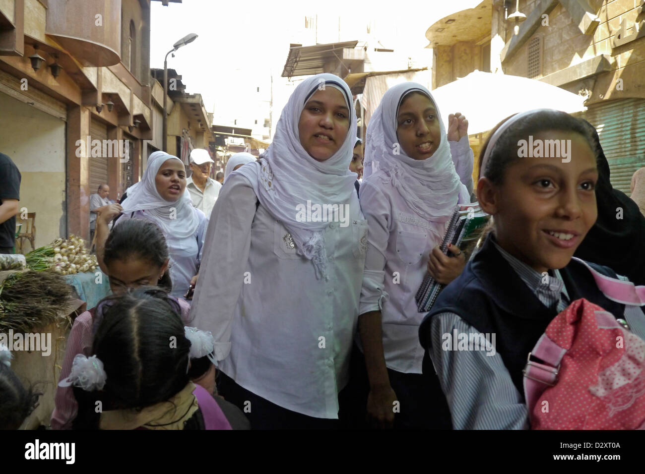 egypt street scenes so called islamic cairo old quarter city bab zuela school girls walking home 20120901 Stock Photo