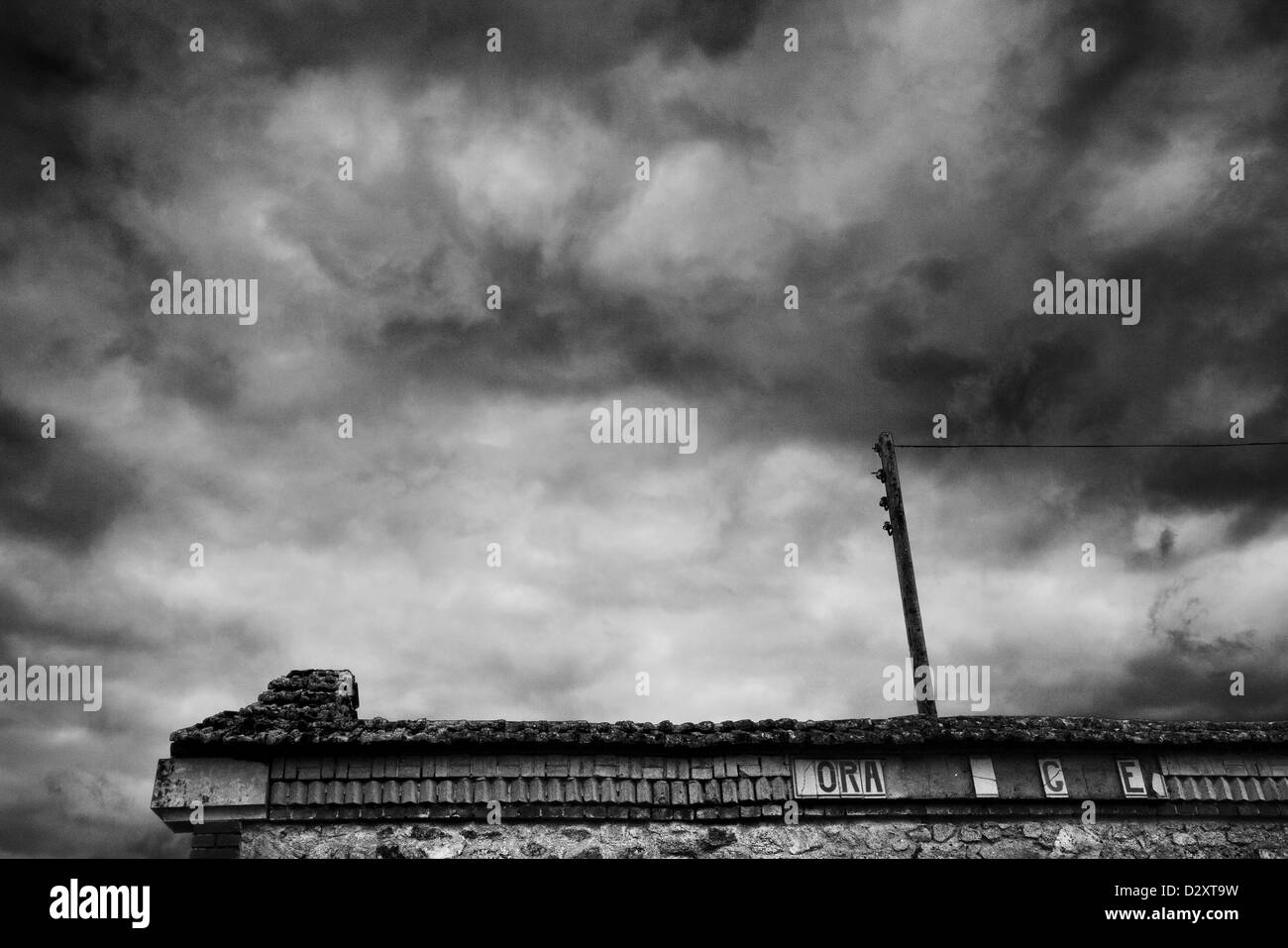 Stormy sky over destroyed tram station, Oradour sur Glane Stock Photo