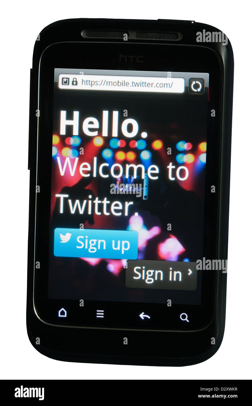 Twitter social networking and messaging app displayed on a mobile phone. Stock Photo