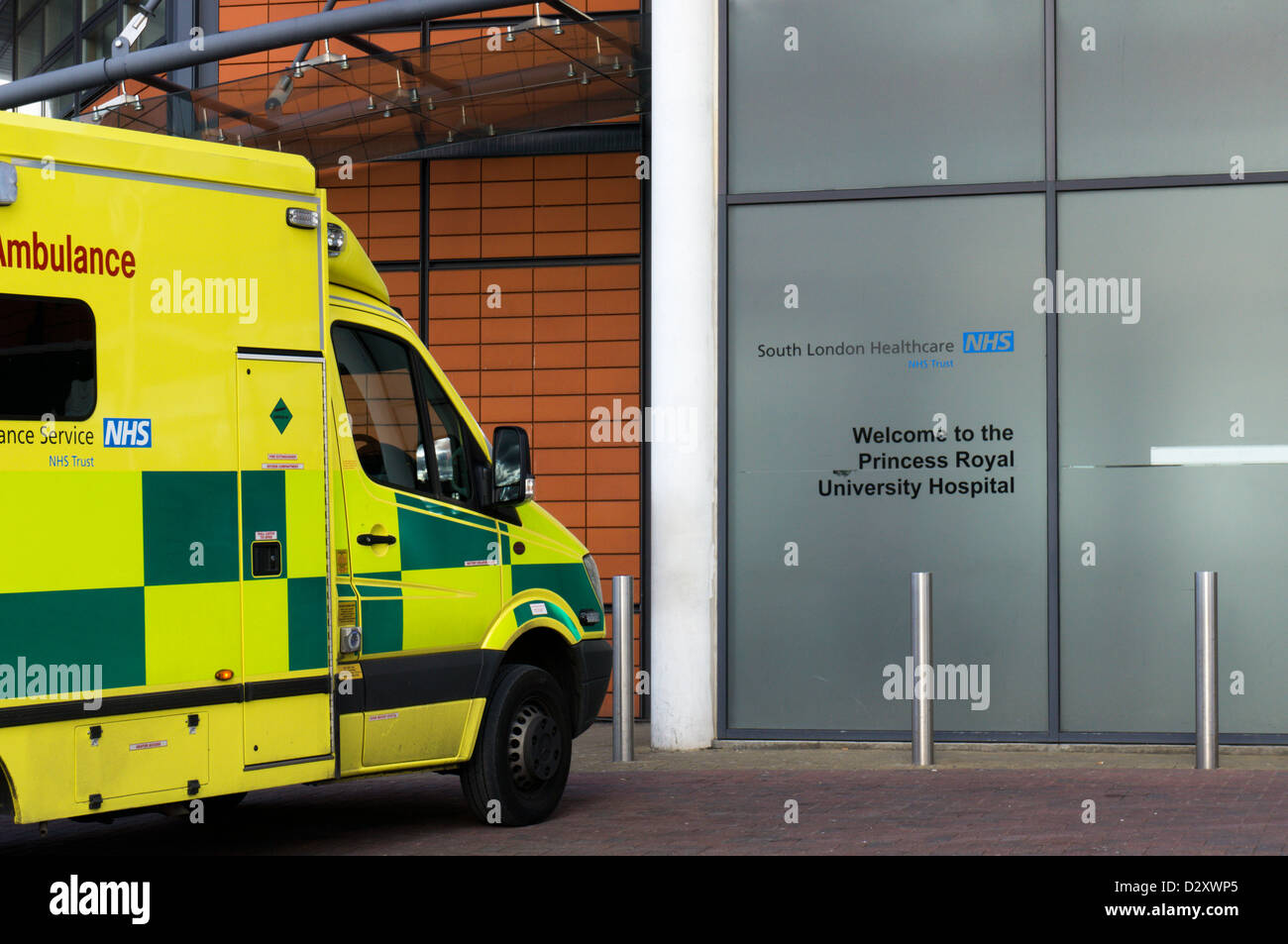 Ambulance outside the A&E Department of the Princess Royal University Hospital, part of the South London Healthcare NHS Trust. Stock Photo