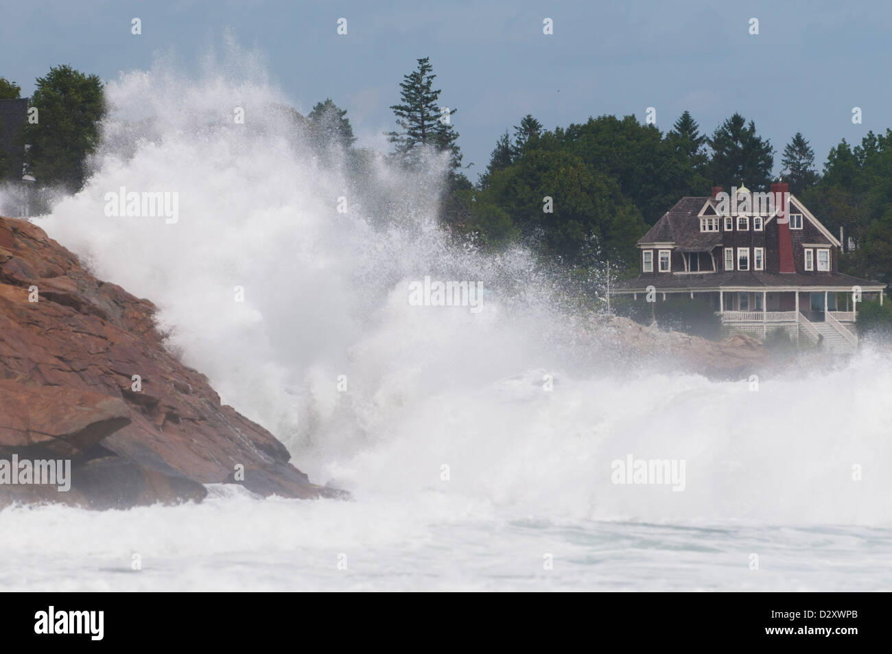 Hurricane generated waves crashing on the rocky shoreline of Short Sands Beach, York, Maine USA Stock Photo