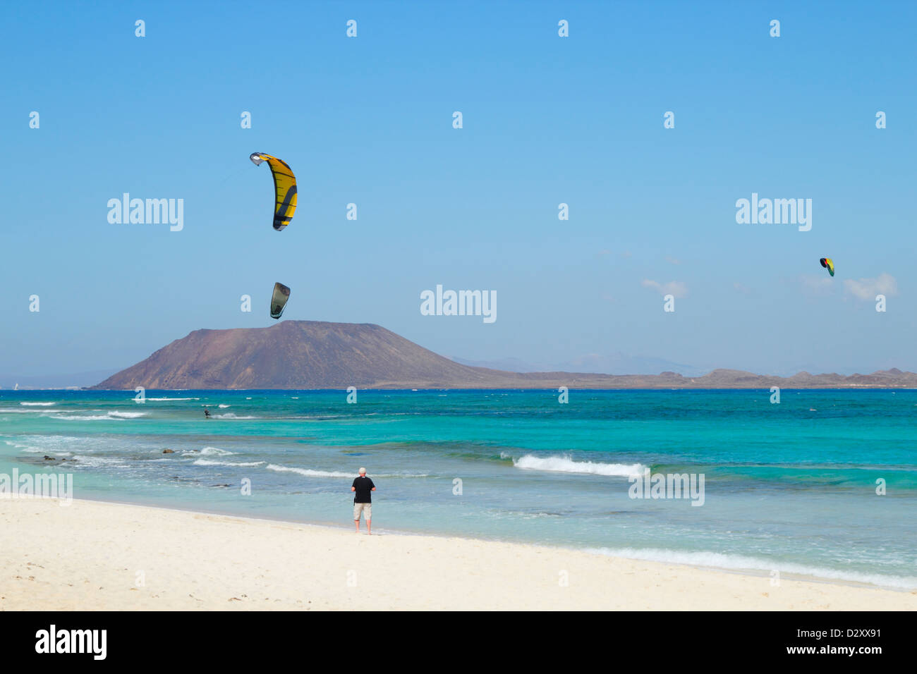 Kitesurfing from Flag beach, Corralejo with Lobos island in background