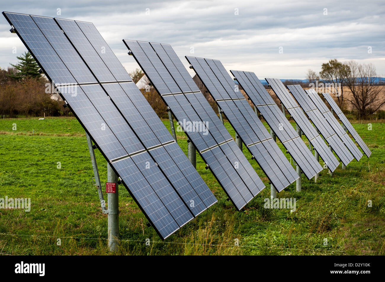 Solar panels aligned on a farm  Stock Photo