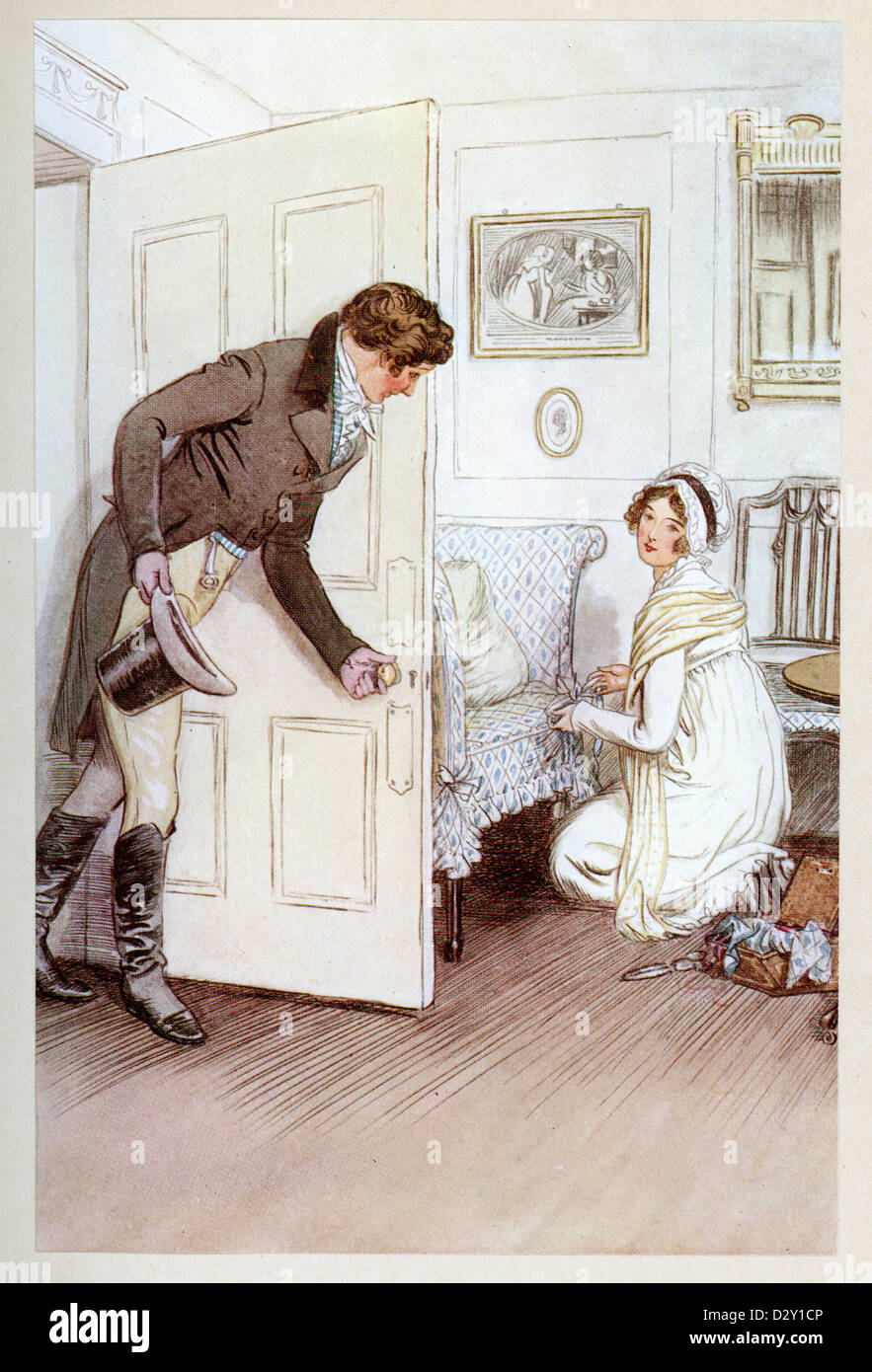 Illustration from the J. M. Barrie play Quality Street, a comedy about two sisters who start a school 'for genteel children'. Stock Photo