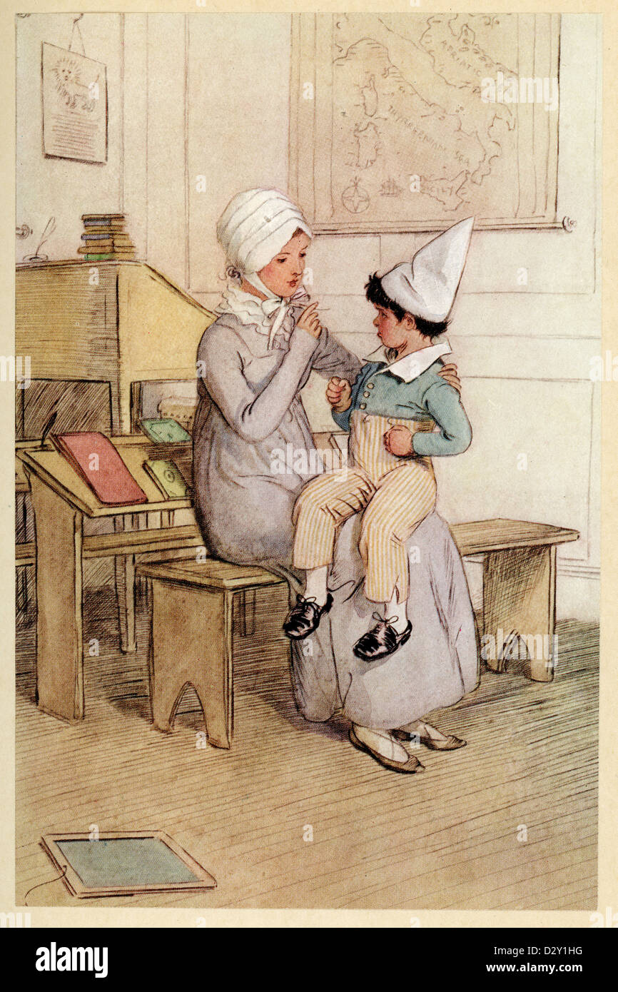 Illustration from the J. M. Barrie play Quality Street, a comedy about two sisters who start a school 'for genteel children'. Stock Photo