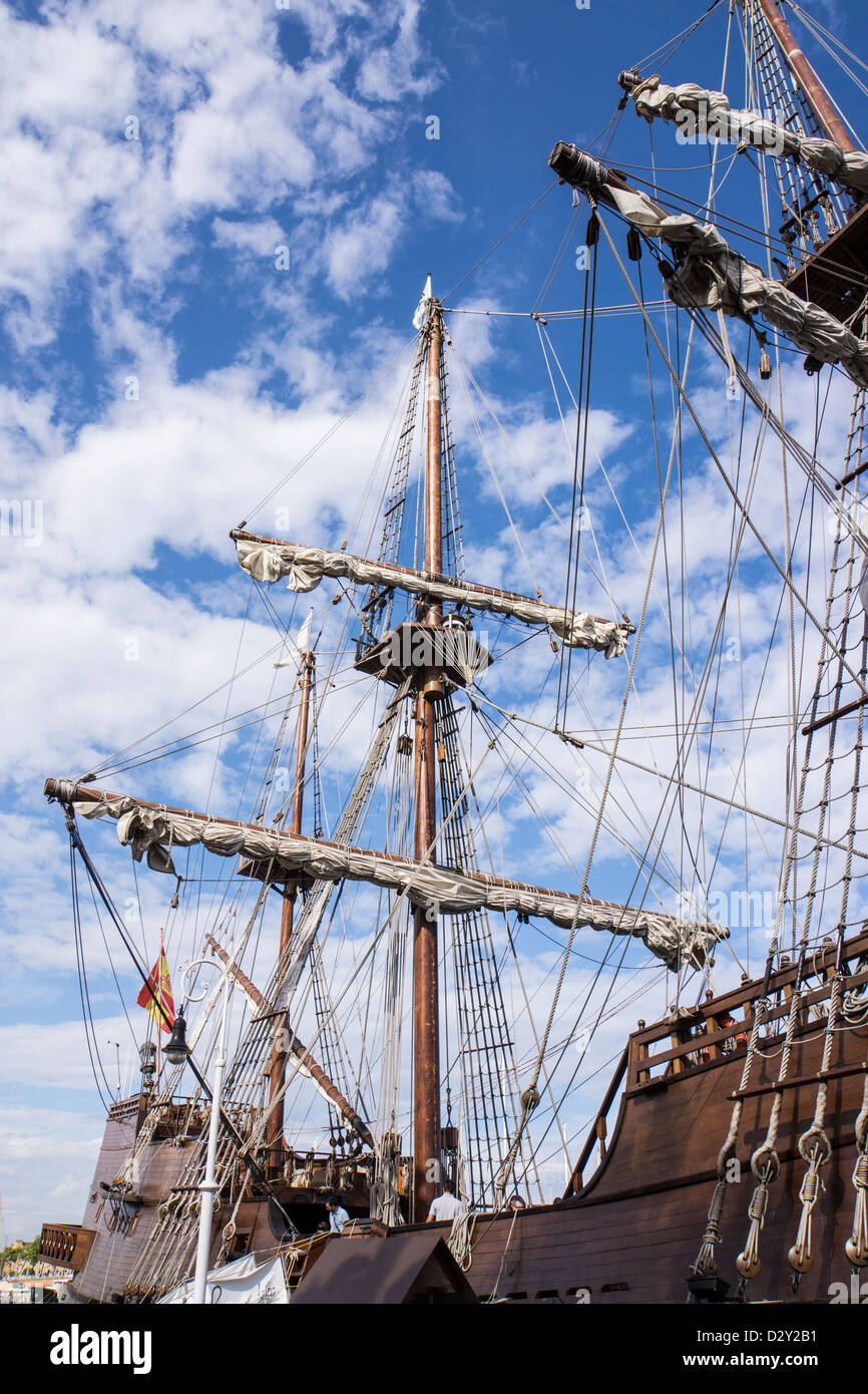 masts, sails and spars of replica Spanish Galleon sailing ship docked