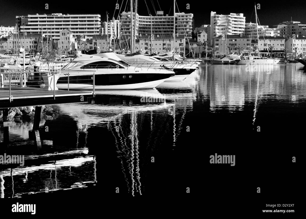 Portugal, Algarve: Black and white image of the yachts harbor Marina de Vilamoura Stock Photo