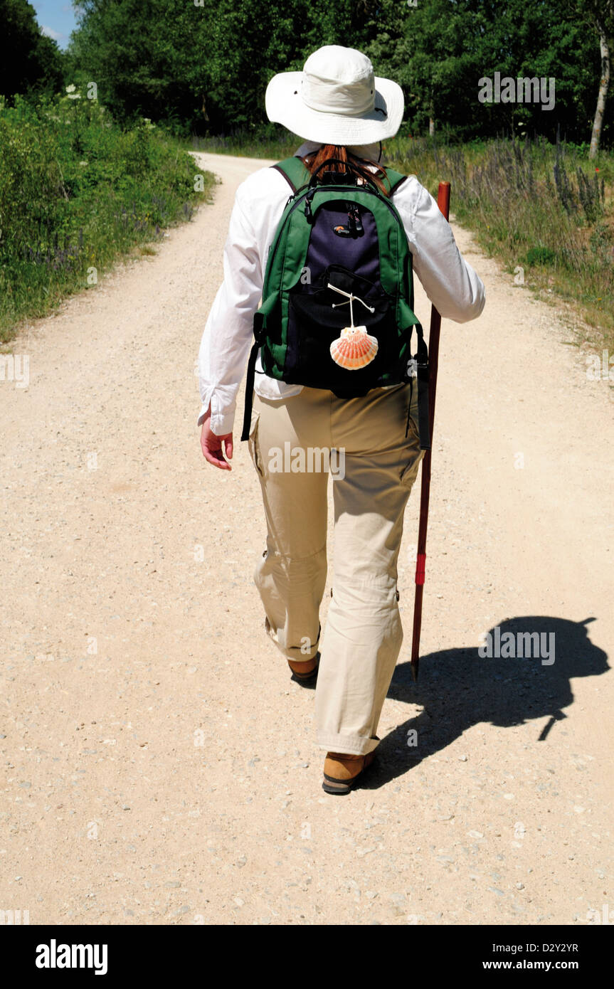 Spain, St. James Way: Pilgrim on the Camino near San Juan de Ortega Stock Photo