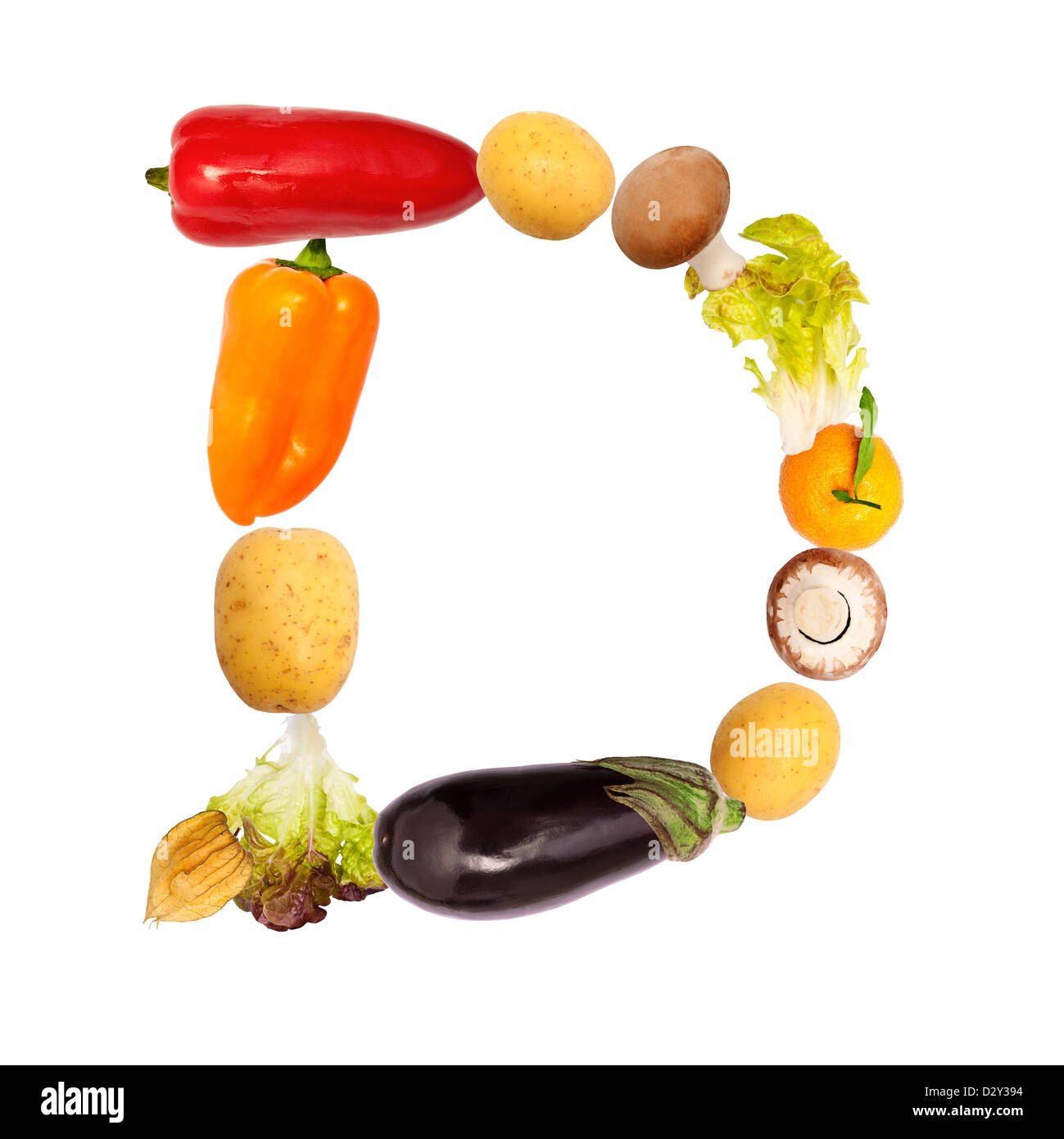 The letter d, builded with various fruits and vegetables, complete font