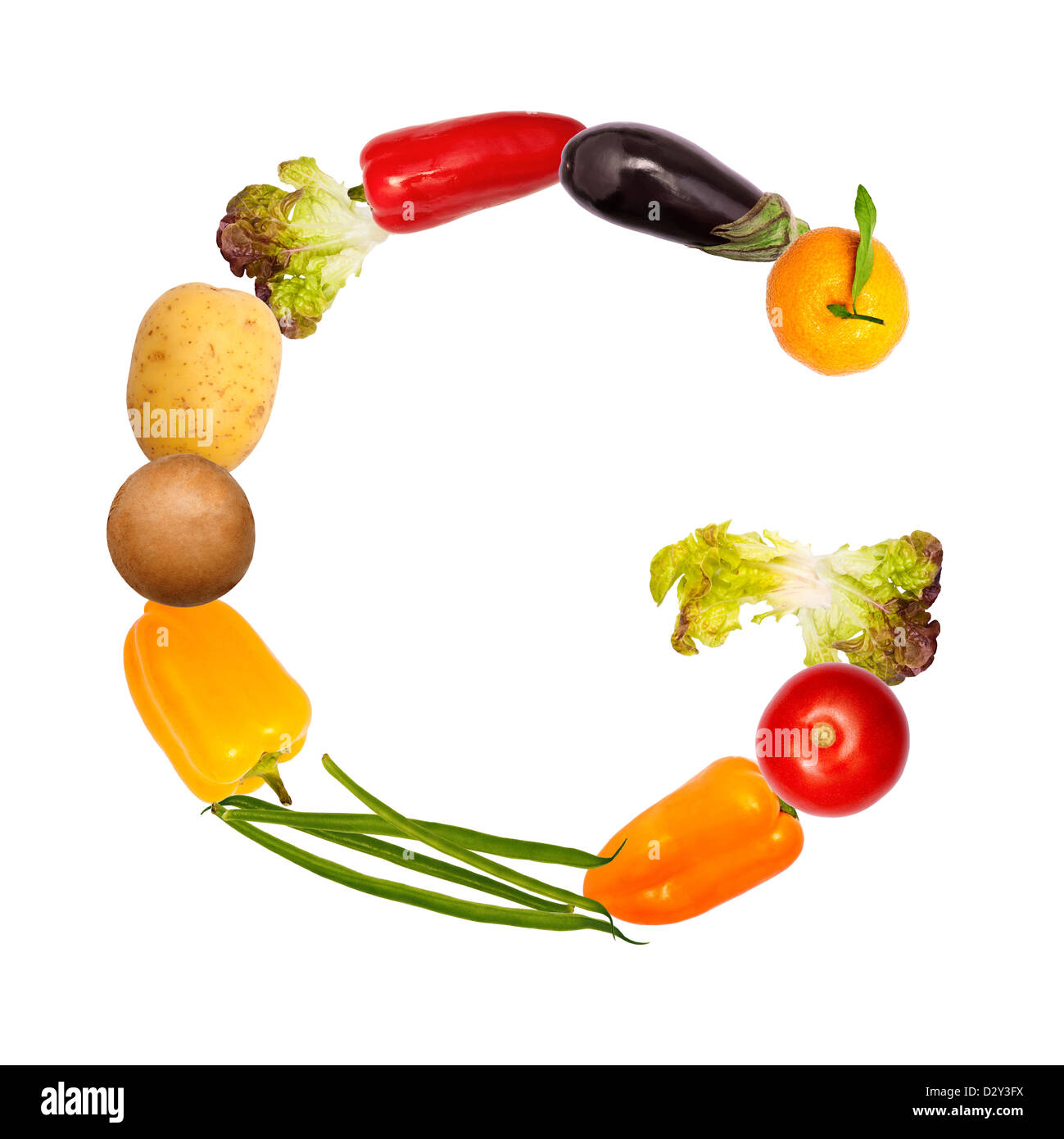 The letter g, builded with various fruits and vegetables, complete font