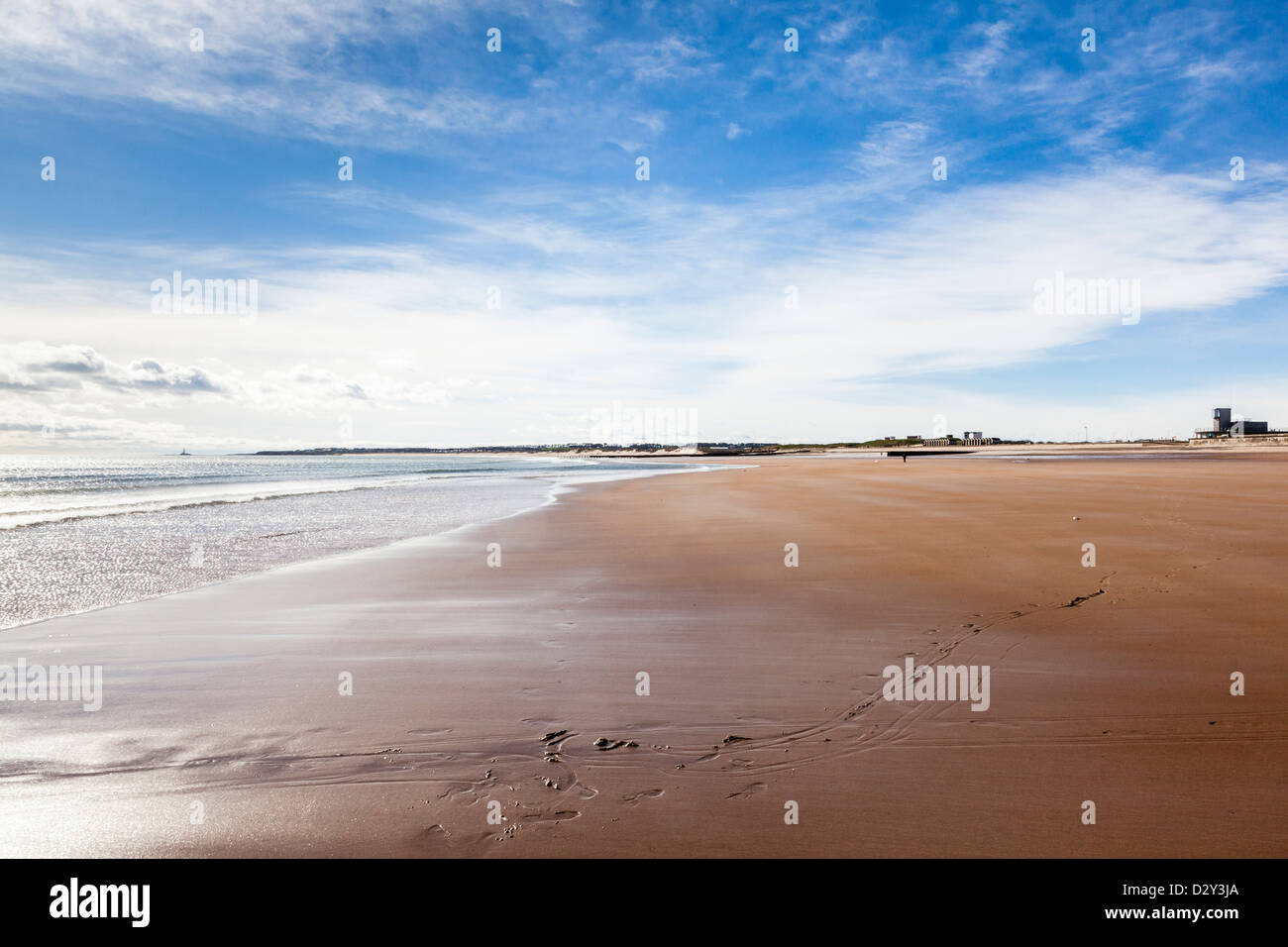 Blyth sandy beach at low tide, towards St Mary's island and Lighthourse