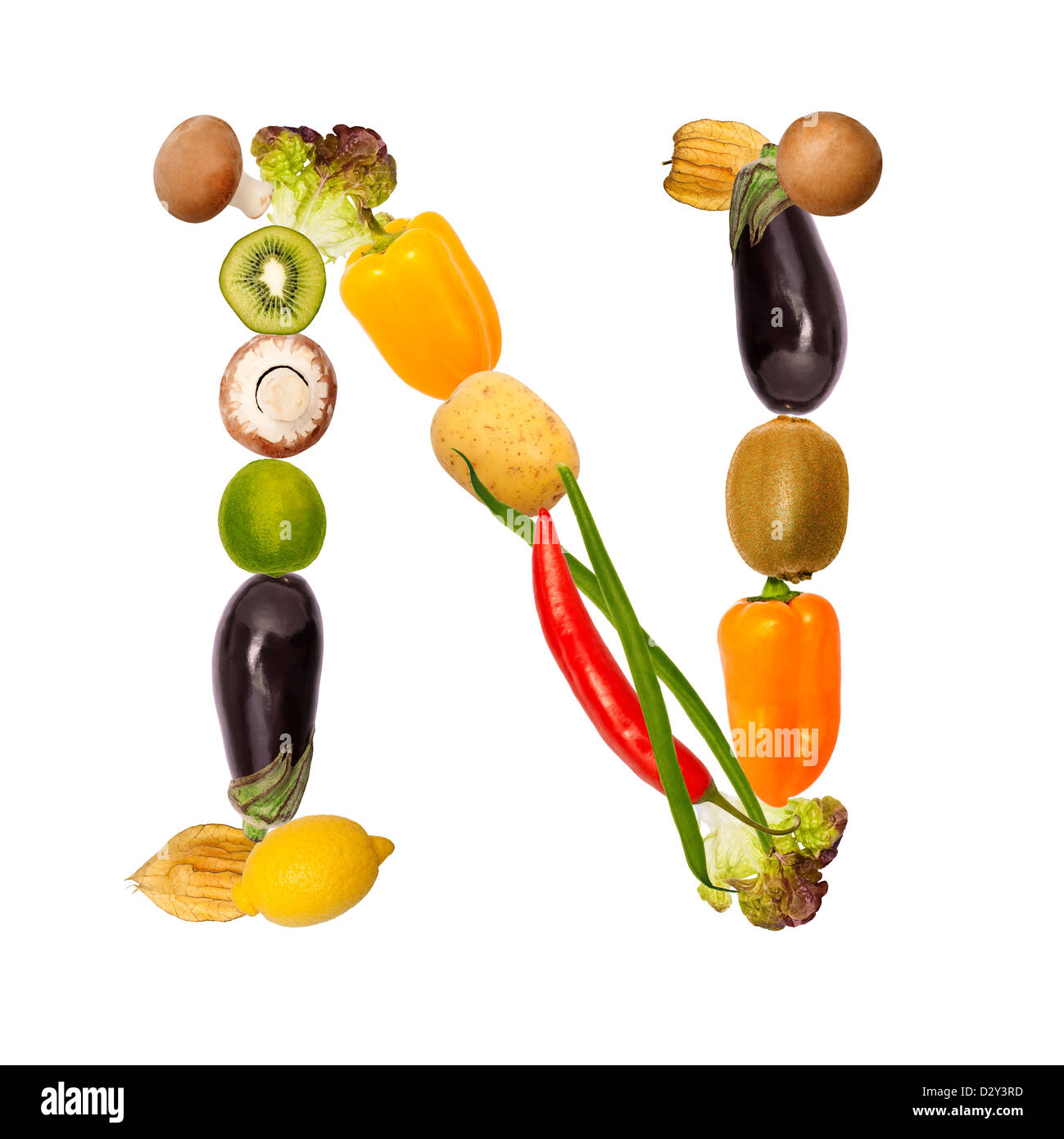The letter n, builded with various fruits and vegetables, complete font