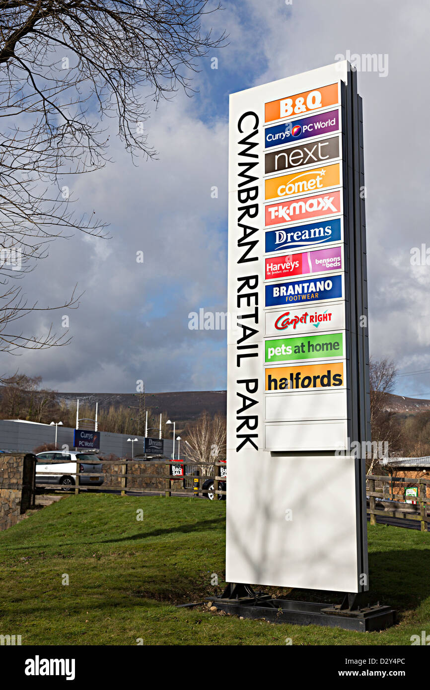Sign with list of shops at entrance to Cwmbran Retail Park, Wales, UK Stock Photo