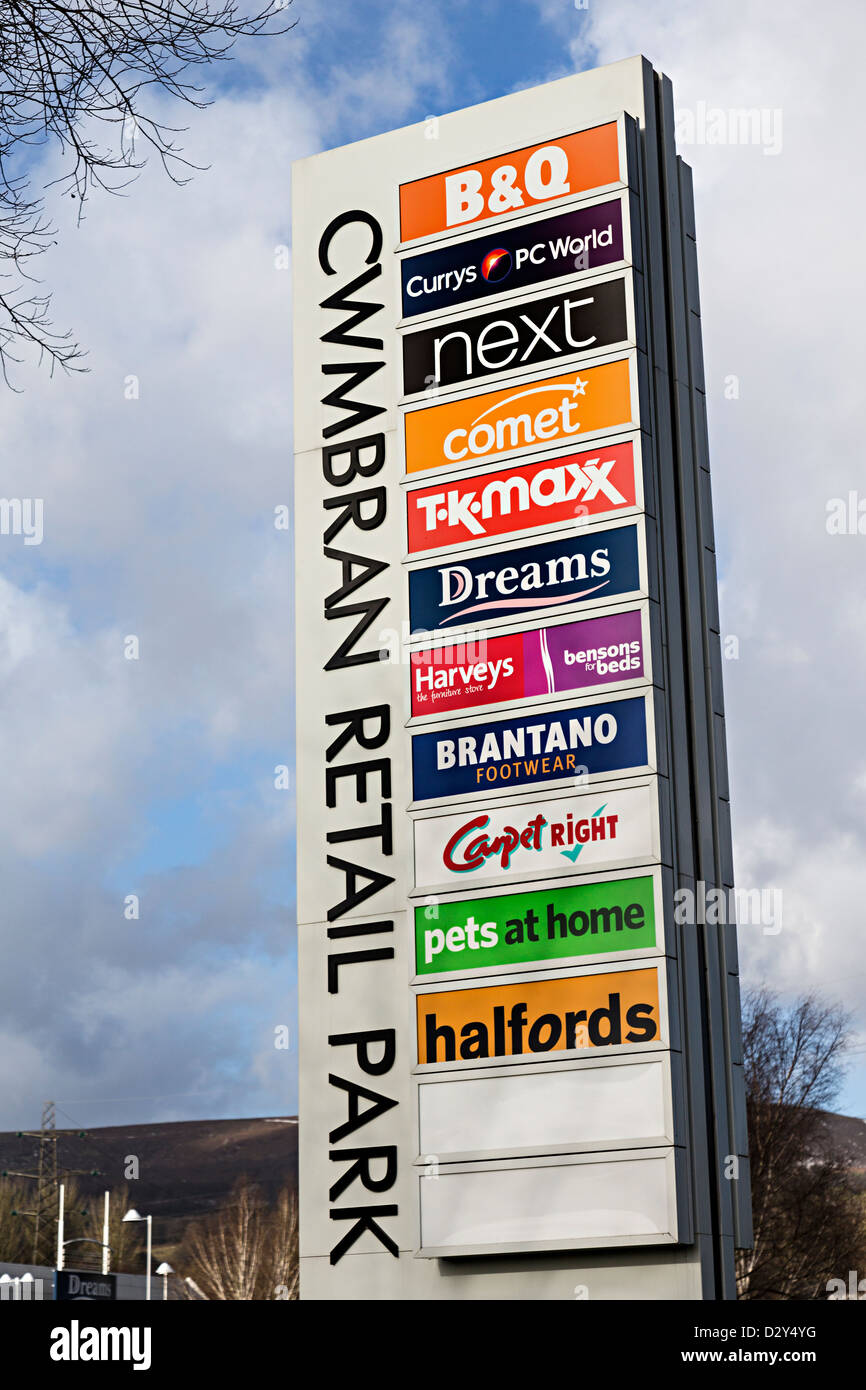 Sign with list of shops at entrance to Cwmbran Retail Park, Wales, UK