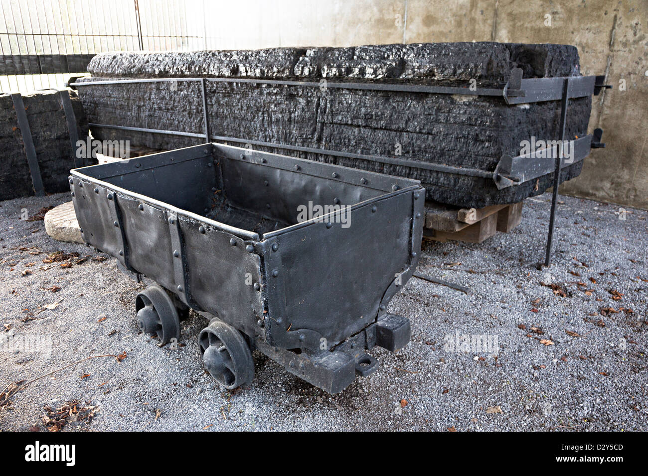 World's largest block of coal and mine wagon on display at Bedwellty Park Tredegar Blaenau Gwent Wales UK Stock Photo