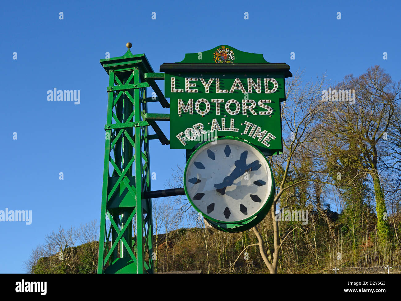 'LEYLAND MOTORS FOR ALL TIME'. The Leyland Clock. Brewery Arts Centre, Highgate, Kendal, Cumbria, England, United Kingdom. Stock Photo