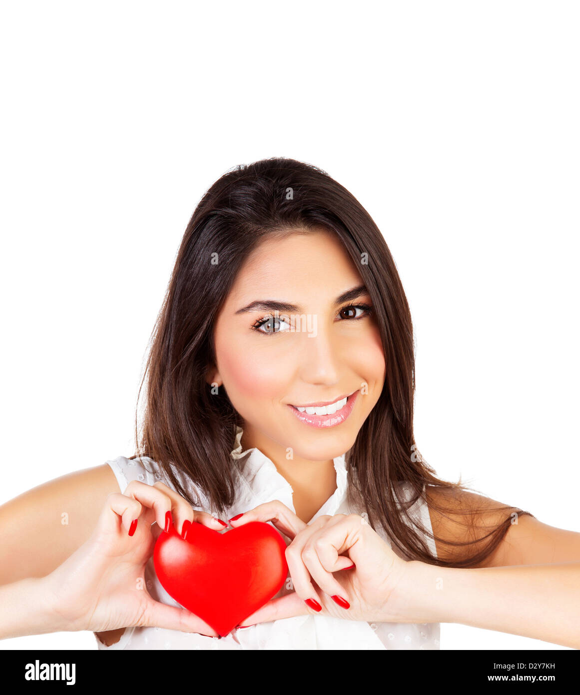 Image of cute brunette female holding in hands red heart isolated on ...