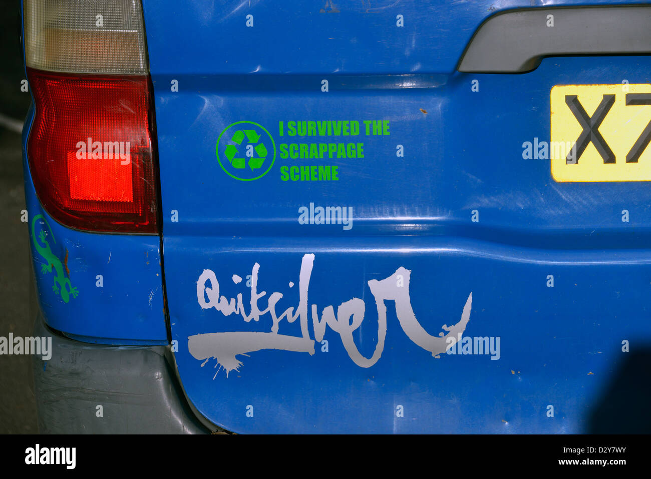 'I SURVIVED THE SCRAPPAGE SCHEME', slogan painted on old Toyota Hiace. Stock Photo