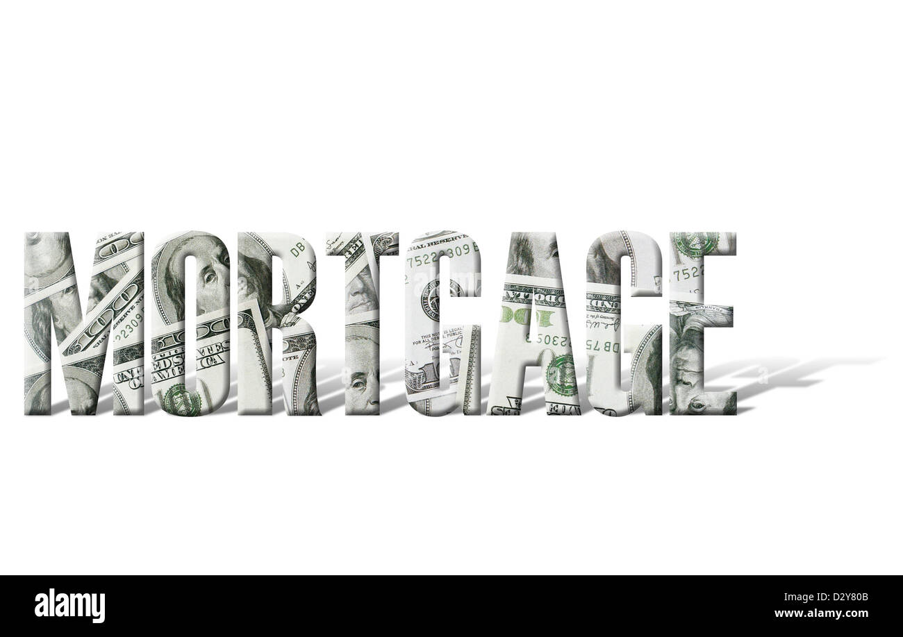 MORTGAGE word with superimposed one hundred dollar bill background over white Stock Photo