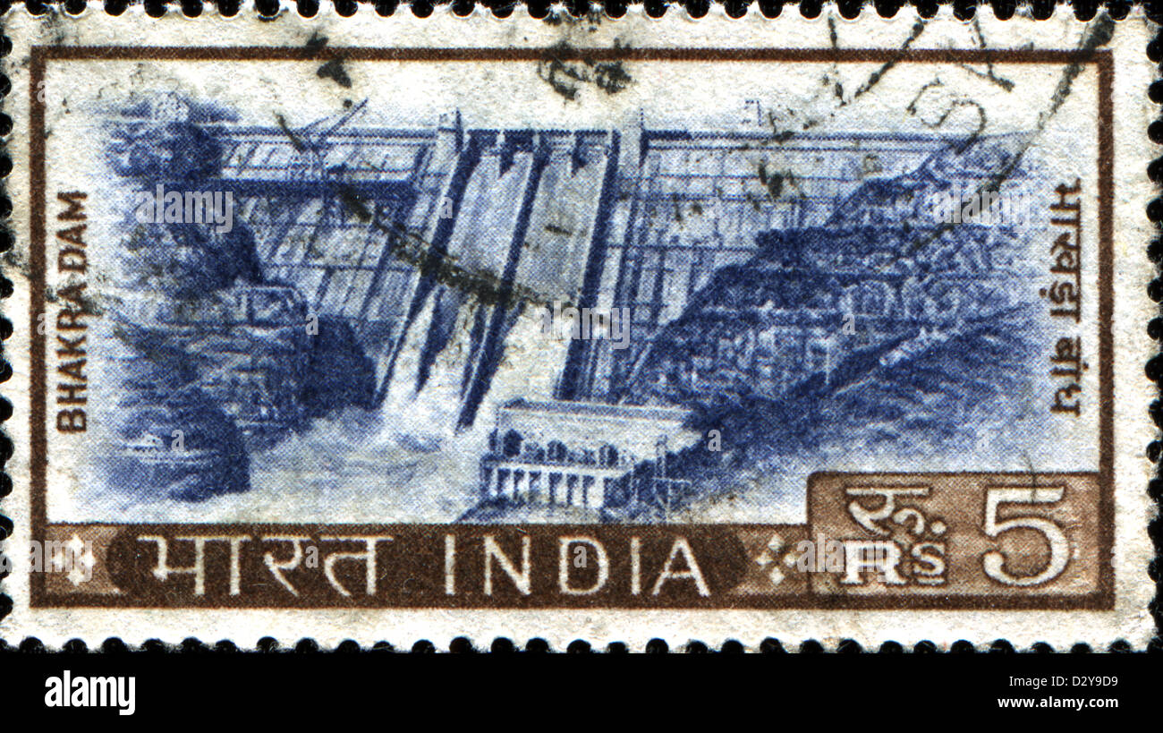 INDIA - CIRCA 1975: A stamp printed in India shows Bhakra Dam is a concrete gravity dam across the Sutlej River, circa 1975 Stock Photo