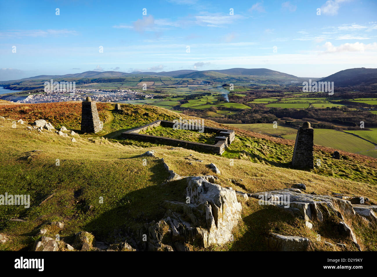 Isle of Man view over hills and Peel town from Corrin's Folly Stock Photo