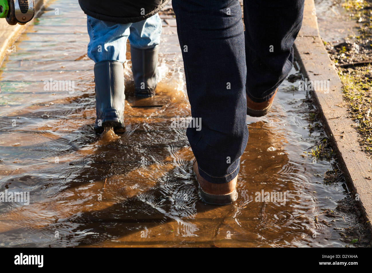 man in boots and child in wellingtons splashing through puddle on board path Stock Photo