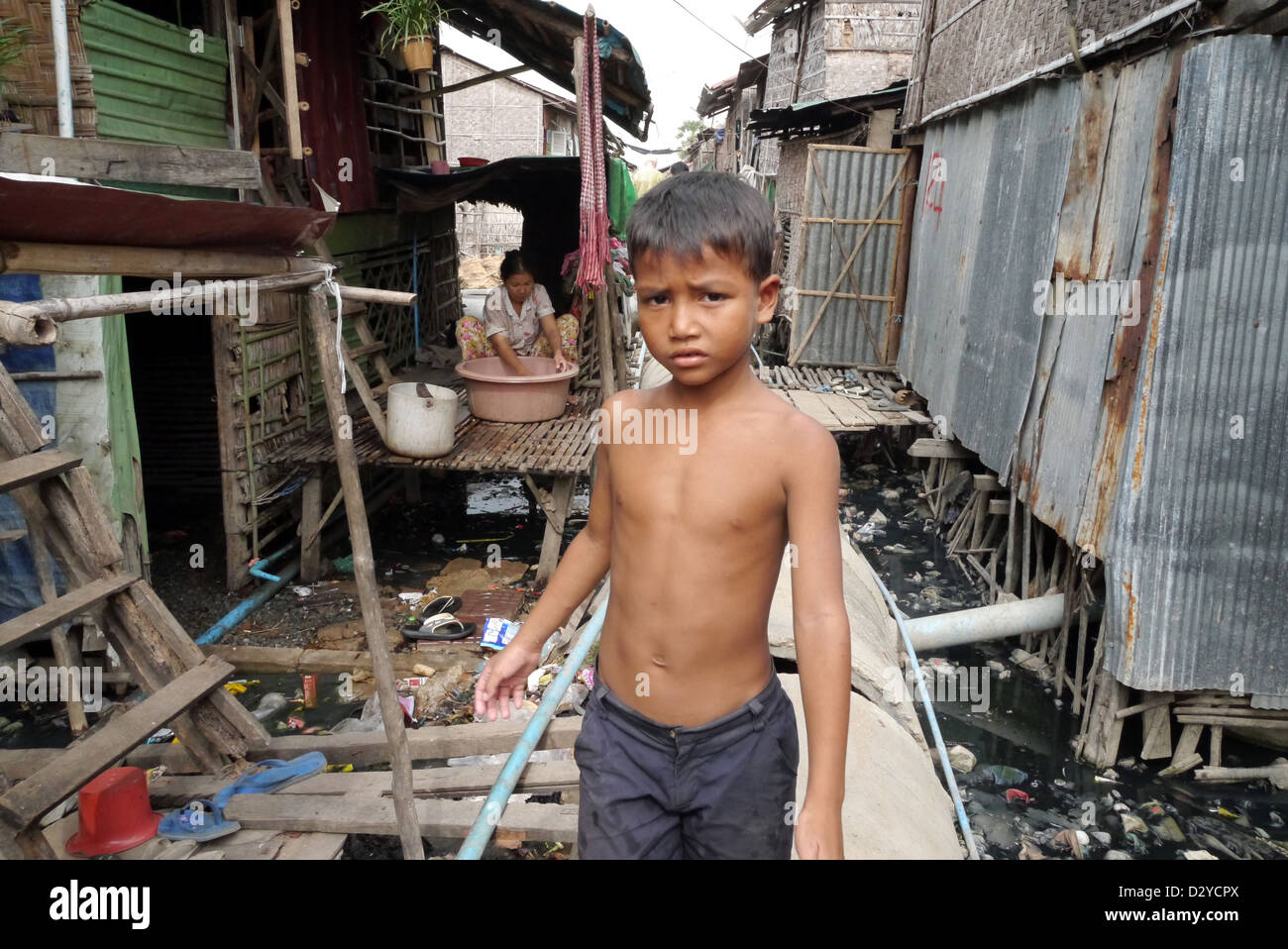 cambodia anlong knang resettlement outsdie phnom penh for slum evictees scenes children kids 20120301 2012 boy Stock Photo