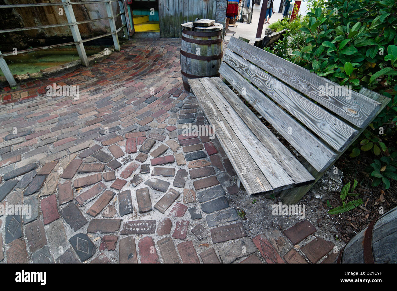 St. Augustine Florida.  Old paving bricks in a park setting along St. George Street in the historic district. Stock Photo
