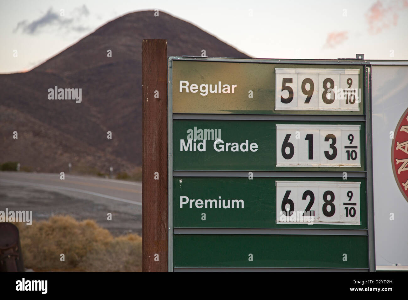 Death Valley National Park, California - Gasoline prices of about $6 a gallon posted at gas station at Panamint Springs resort. Stock Photo