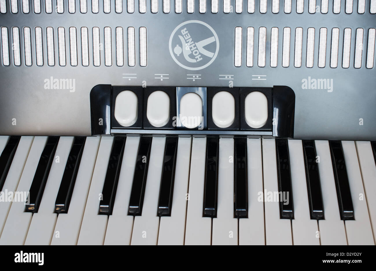 Detail view of the keyboard of a  Hohner piano accordion Stock Photo