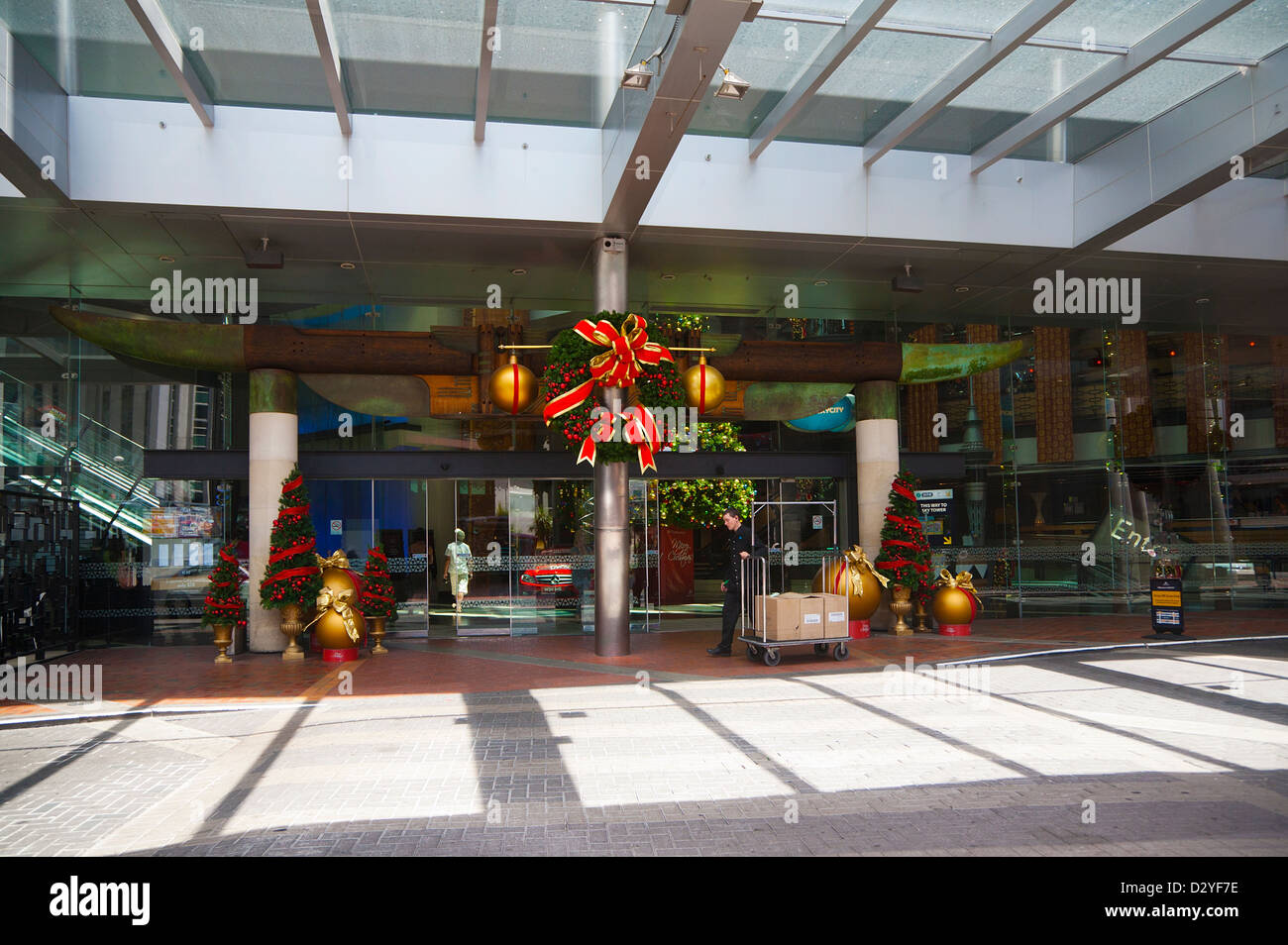 Entrance to the Sky City hotel and entertainment complex in Auckland City, North Island, New Zealand, decorated for Christmas. Stock Photo