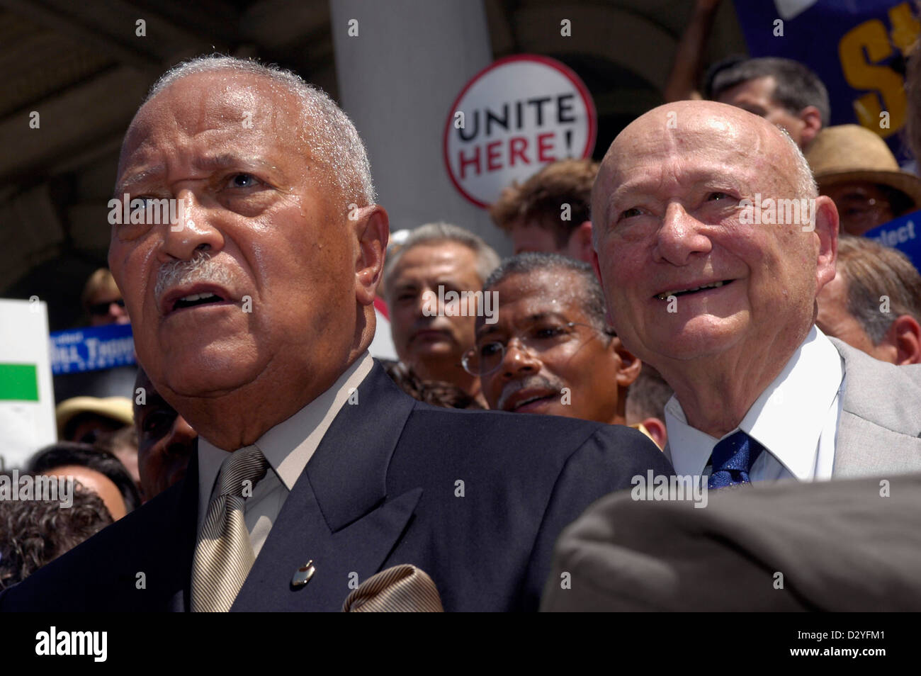 Former NYC Mayors David Dinkins (L) and Ed Koch (R) endorse NYC Comptroller William Thompson for re-election on the steps of NY Stock Photo