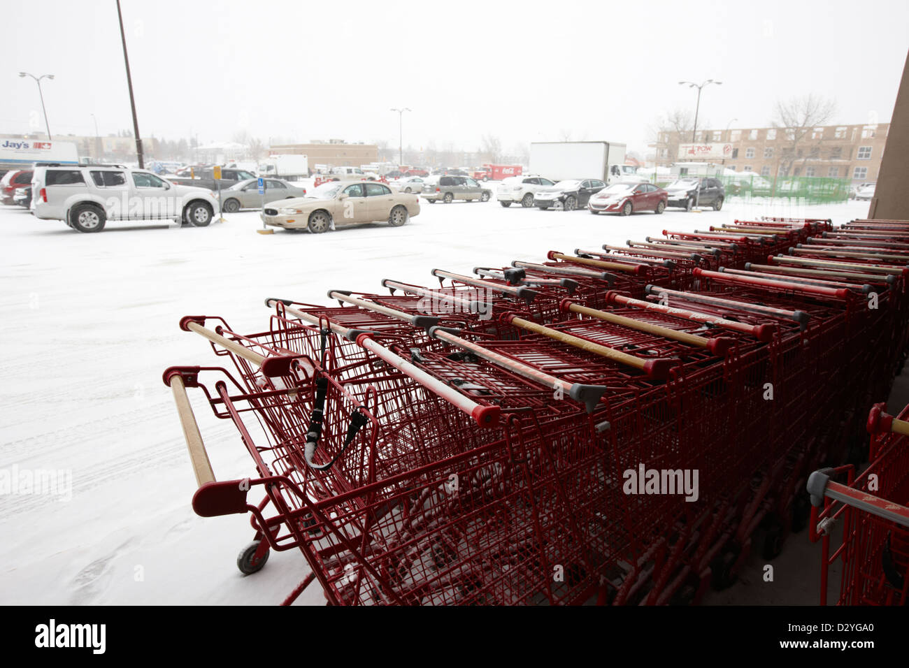 row of shopping carts with snow covered supermarket parking lot