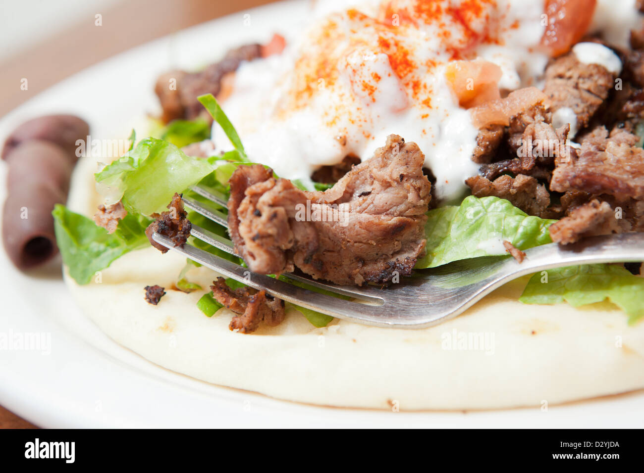 A single serving of Mediterranean style, home made lamb gyro, topped ...