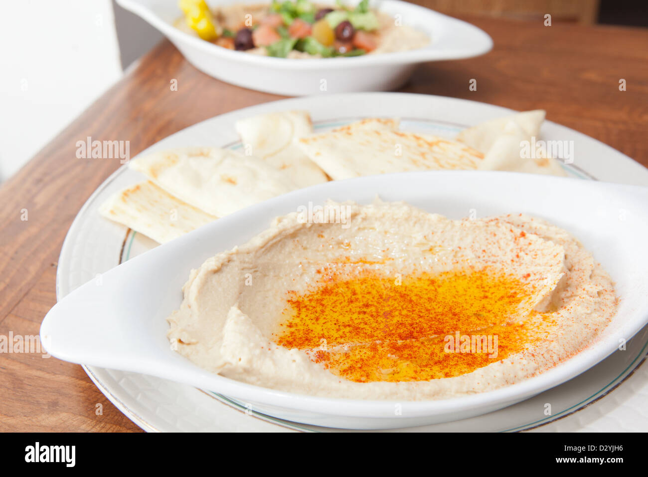 Varied Middle Eastern, Mediterranean style appetizers including hummus