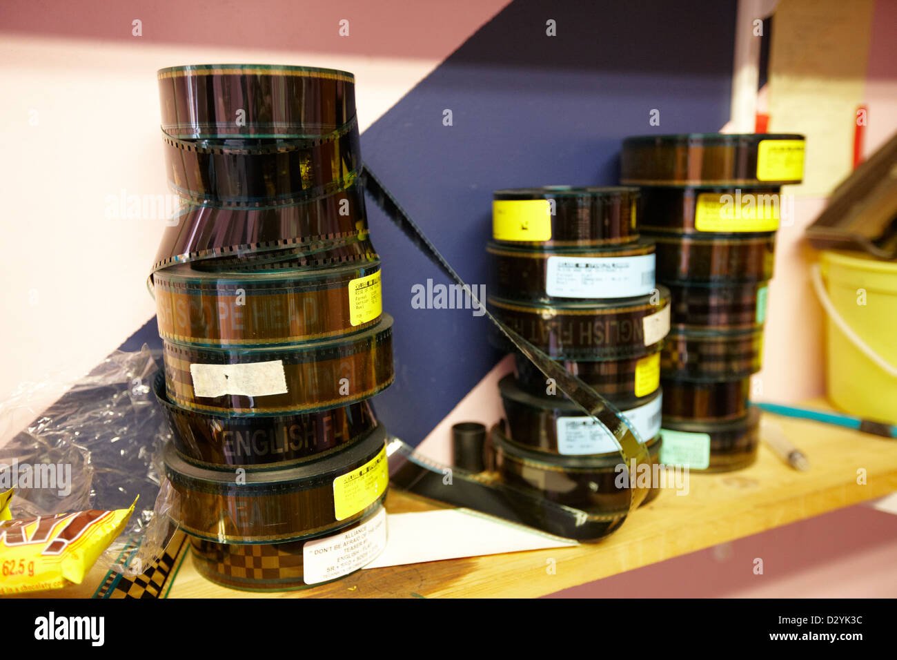 35mm cinema films on shelf in old cinema projection room Biggar Saskatchewan Canada Stock Photo